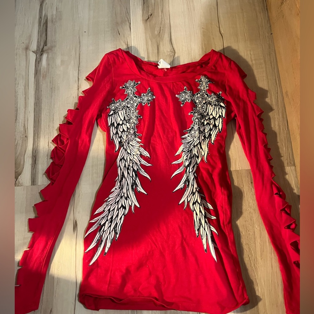 Red y2k rhinestone long-sleeve angel wing t-shirt grunge early 2000s